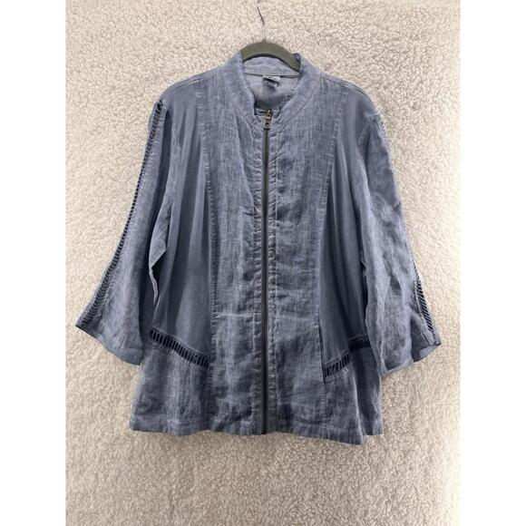 XCVI Jackets & Blazers - XCVI Mind Set Size XL Blue Linen Zip-Up Light Jacket Knit Trim Front 3/4 Sleeve